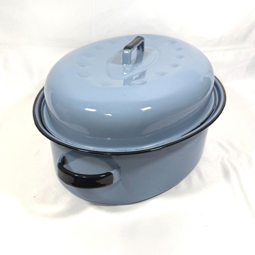 Vintage Enamelware Oval Roasting Pan with Lid Blue Farmhouse Large 16.5in Roastr - Picture 4 of 14